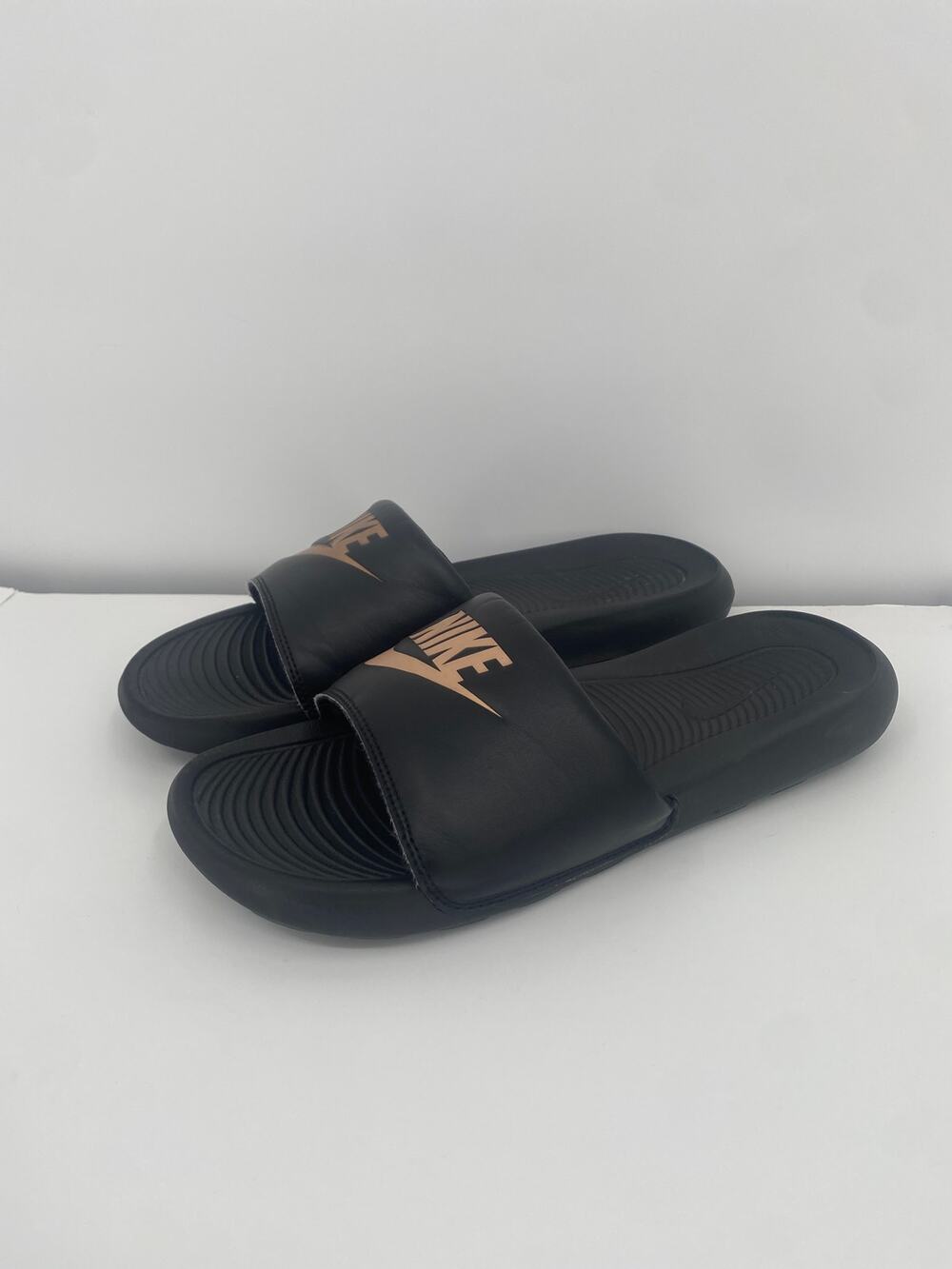 Nike Victori One Women's Black Gold Swoosh Sandals Slides CN9677-001 Size 10